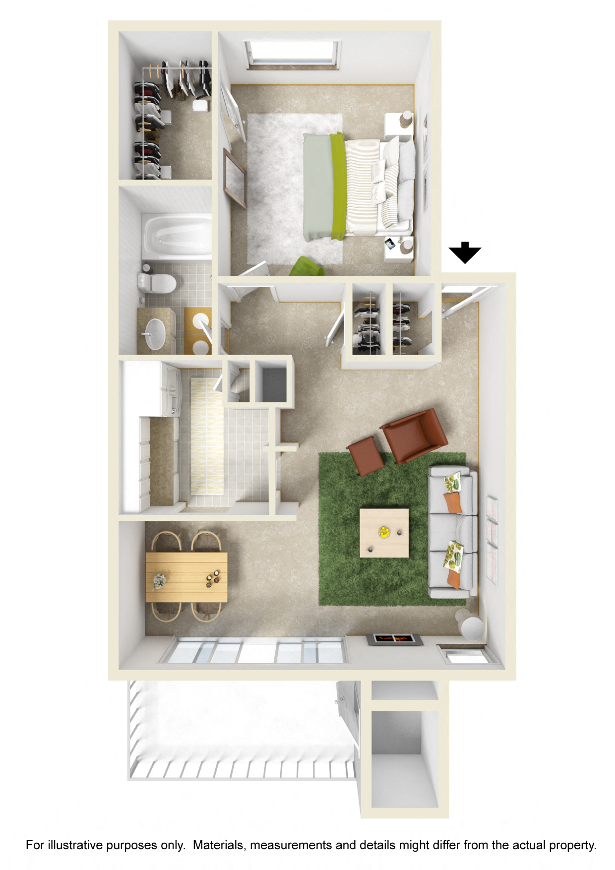 Floor plan for 1 bed, 1 bath, 750 sqft